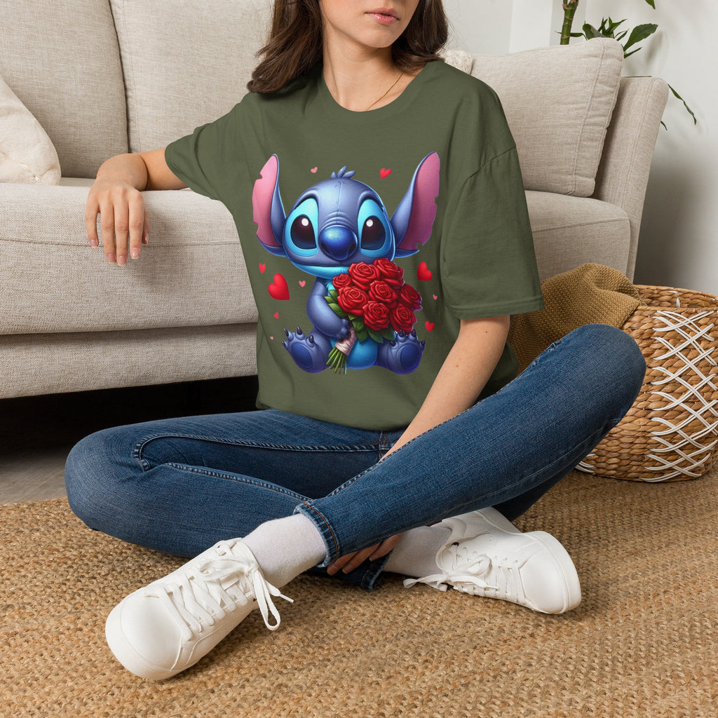 Stitch Holding Roses T-Shirt — Cute Valentine’s Day Cartoon Tee