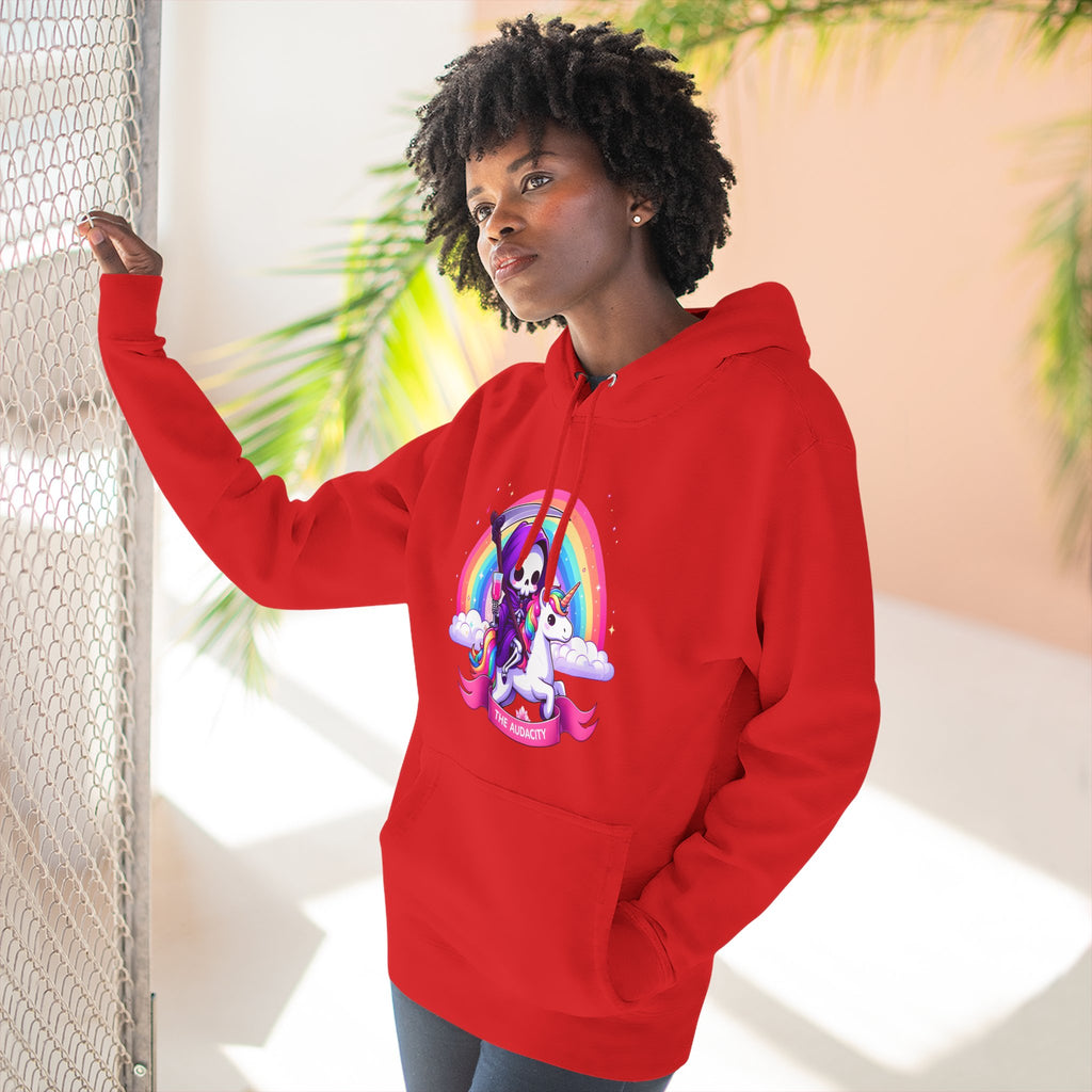 Hoodie - Cute Grim Reaper Riding Unicorn Rainbow "The Audacity" Fleece Hoodie