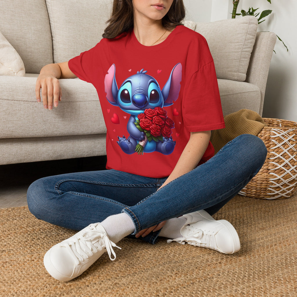 Stitch Holding Roses T-Shirt — Cute Valentine’s Day Cartoon Tee