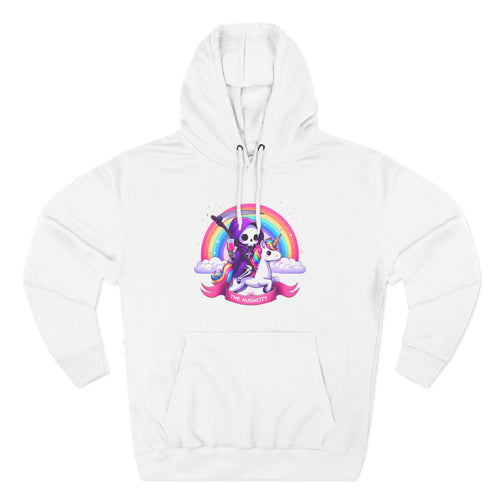 Hoodie - Cute Grim Reaper Riding Unicorn Rainbow "The Audacity" Fleece Hoodie