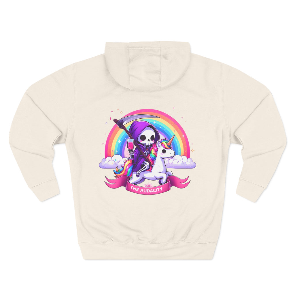 Hoodie - Cute Grim Reaper Riding Unicorn Rainbow "The Audacity" Fleece Hoodie
