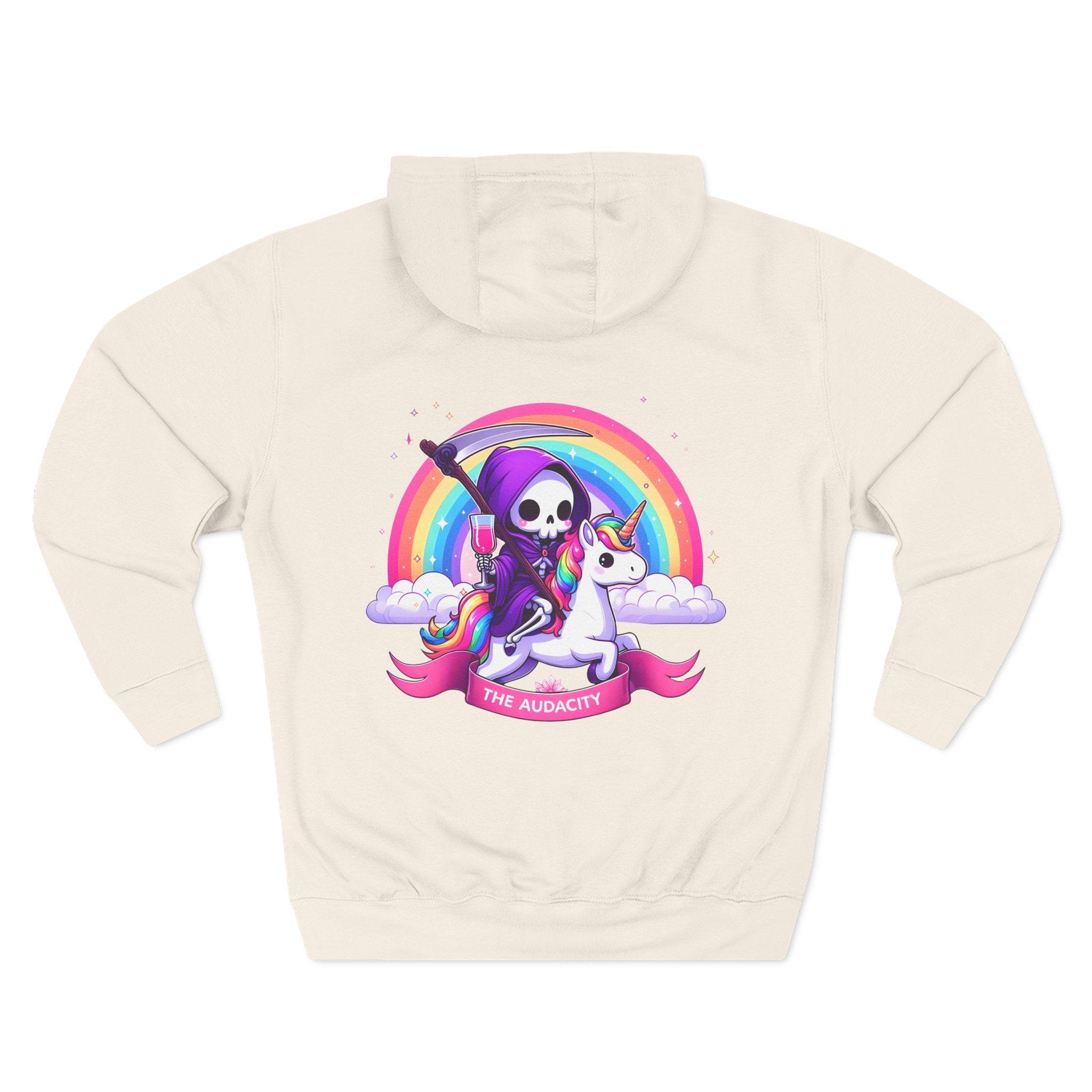 Hoodie - Cute Grim Reaper Riding Unicorn Rainbow "The Audacity" Fleece Hoodie