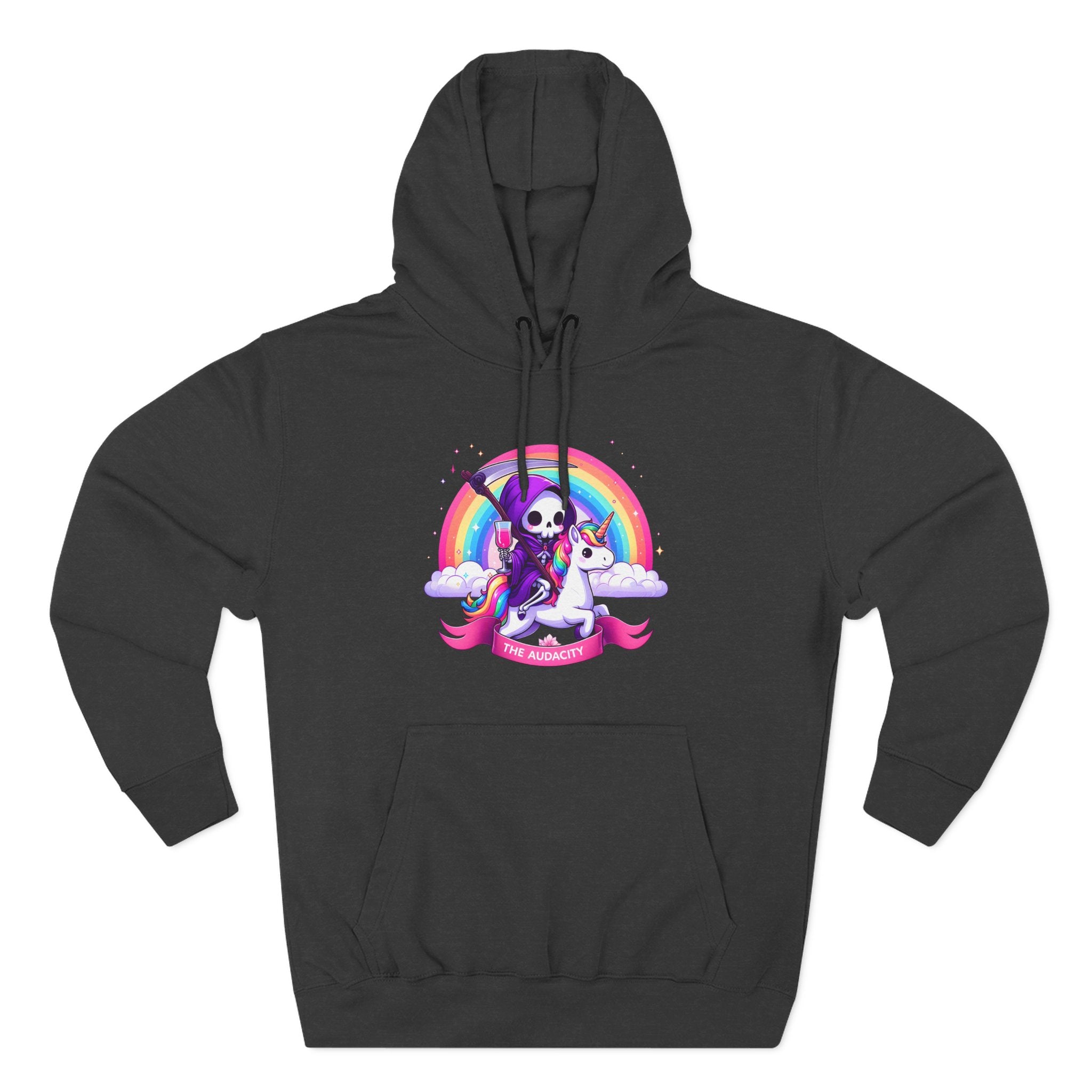 Hoodie - Cute Grim Reaper Riding Unicorn Rainbow "The Audacity" Fleece Hoodie