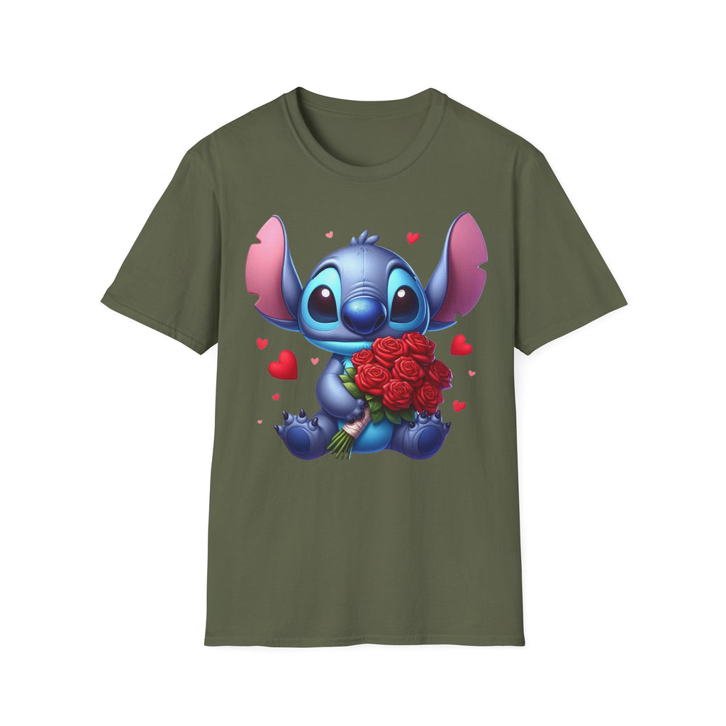 Stitch Holding Roses T-Shirt — Cute Valentine’s Day Cartoon Tee