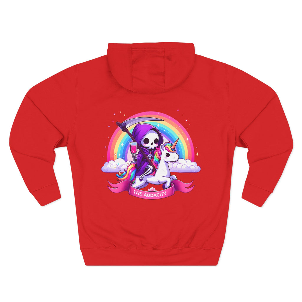 Hoodie - Cute Grim Reaper Riding Unicorn Rainbow "The Audacity" Fleece Hoodie