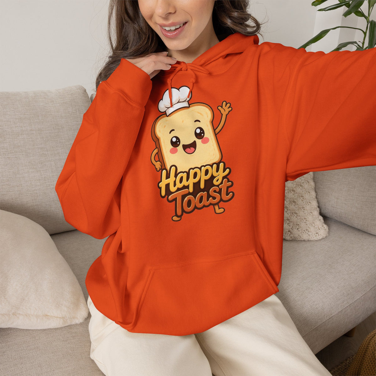 Happy Toast Cartoon Graphic Hoodie – Unisex Pullover