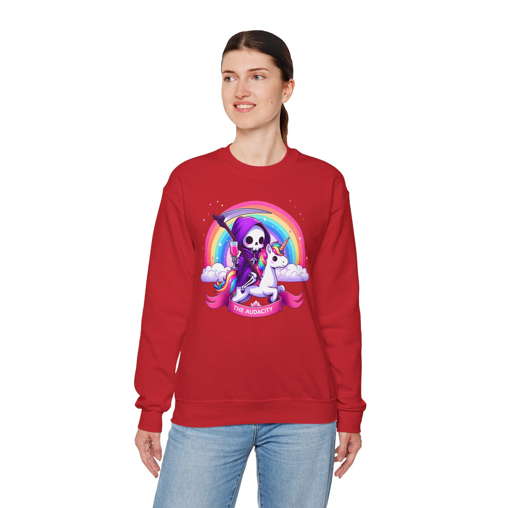 Crewneck Sweatshirt — Cute Grim Reaper Riding Unicorn Rainbow "True Audacity"