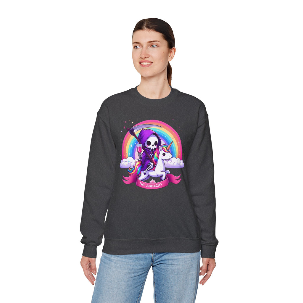 Crewneck Sweatshirt — Cute Grim Reaper Riding Unicorn Rainbow "True Audacity"