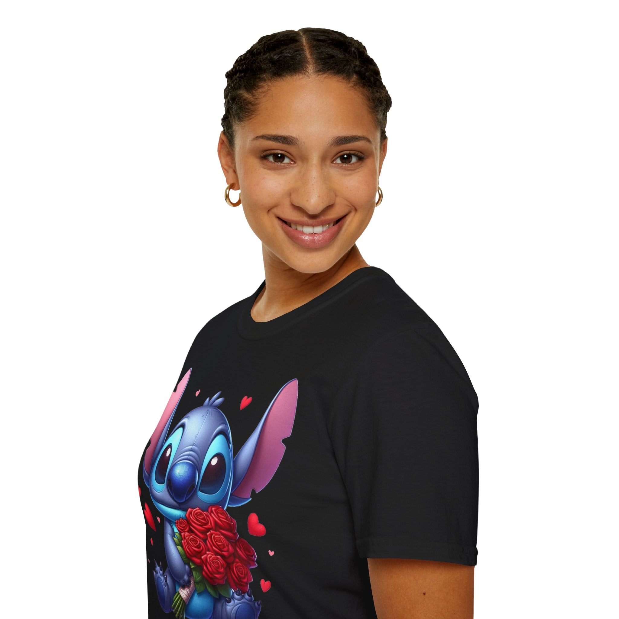 Stitch Holding Roses T-Shirt — Cute Valentine’s Day Cartoon Tee