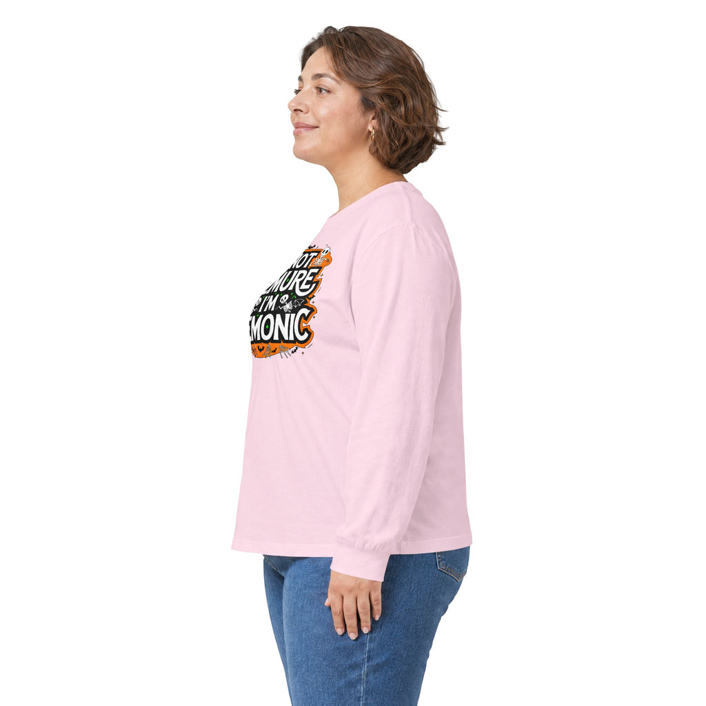Long Sleeve Tee — "I'm Not Demure I'm Demonic" Halloween Graphic