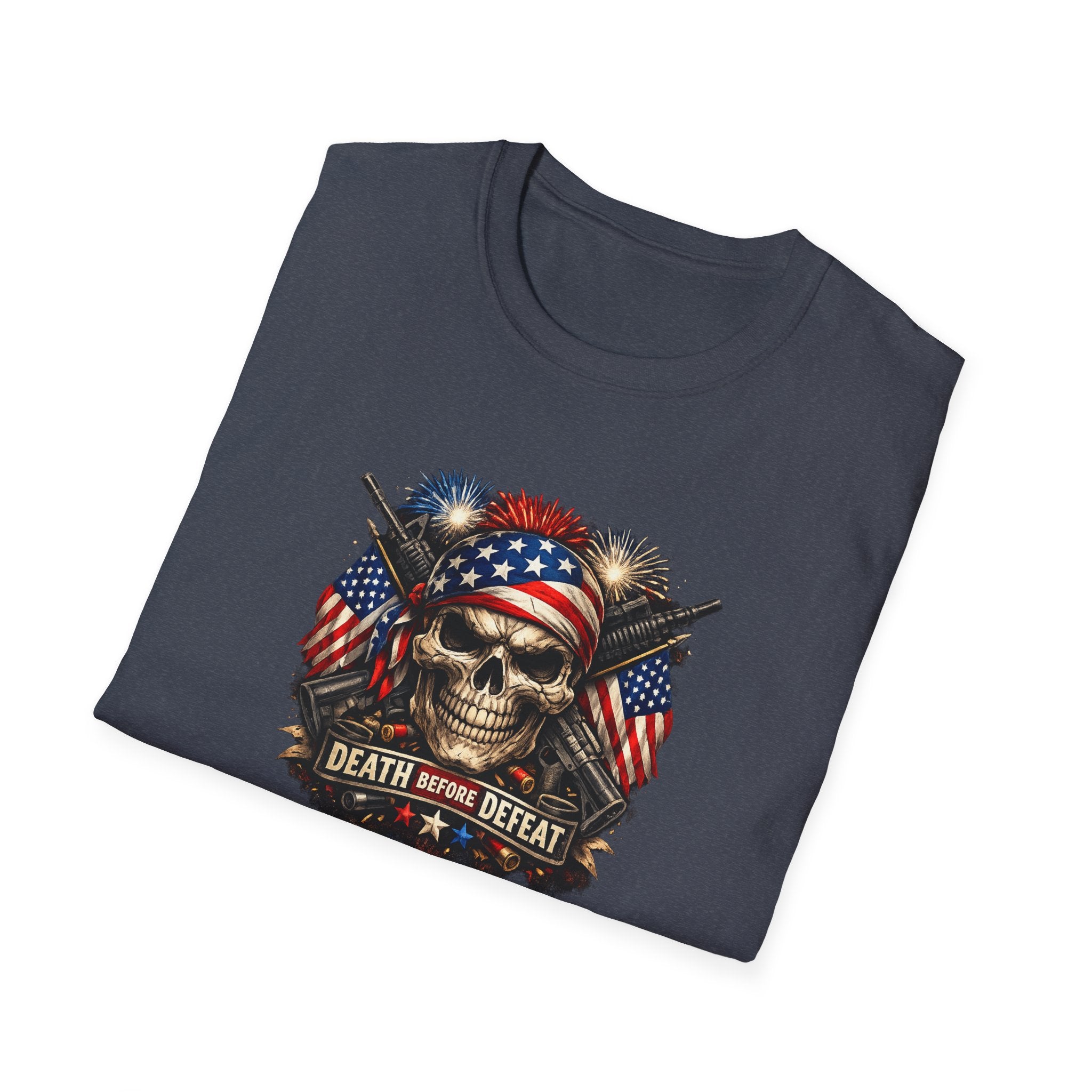Patriotic Skull Tee "Death Before Defeat" - American Flag Military Graphic T-Shirt
