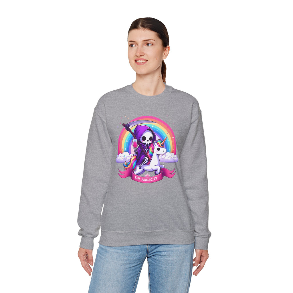 Crewneck Sweatshirt — Cute Grim Reaper Riding Unicorn Rainbow "True Audacity"