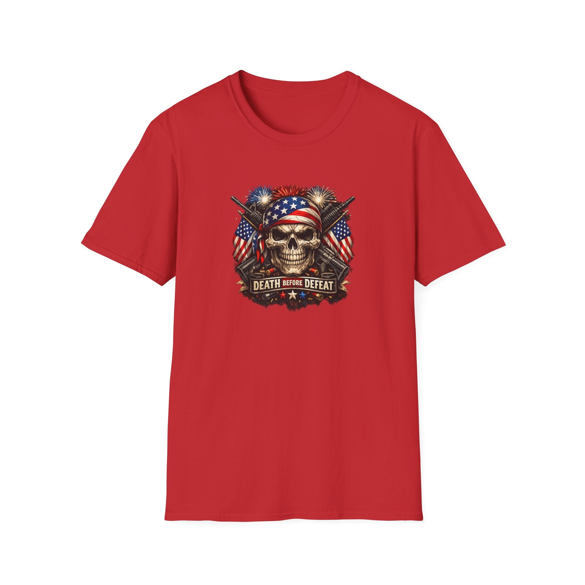 Patriotic Skull Tee "Death Before Defeat" - American Flag Military Graphic T-Shirt