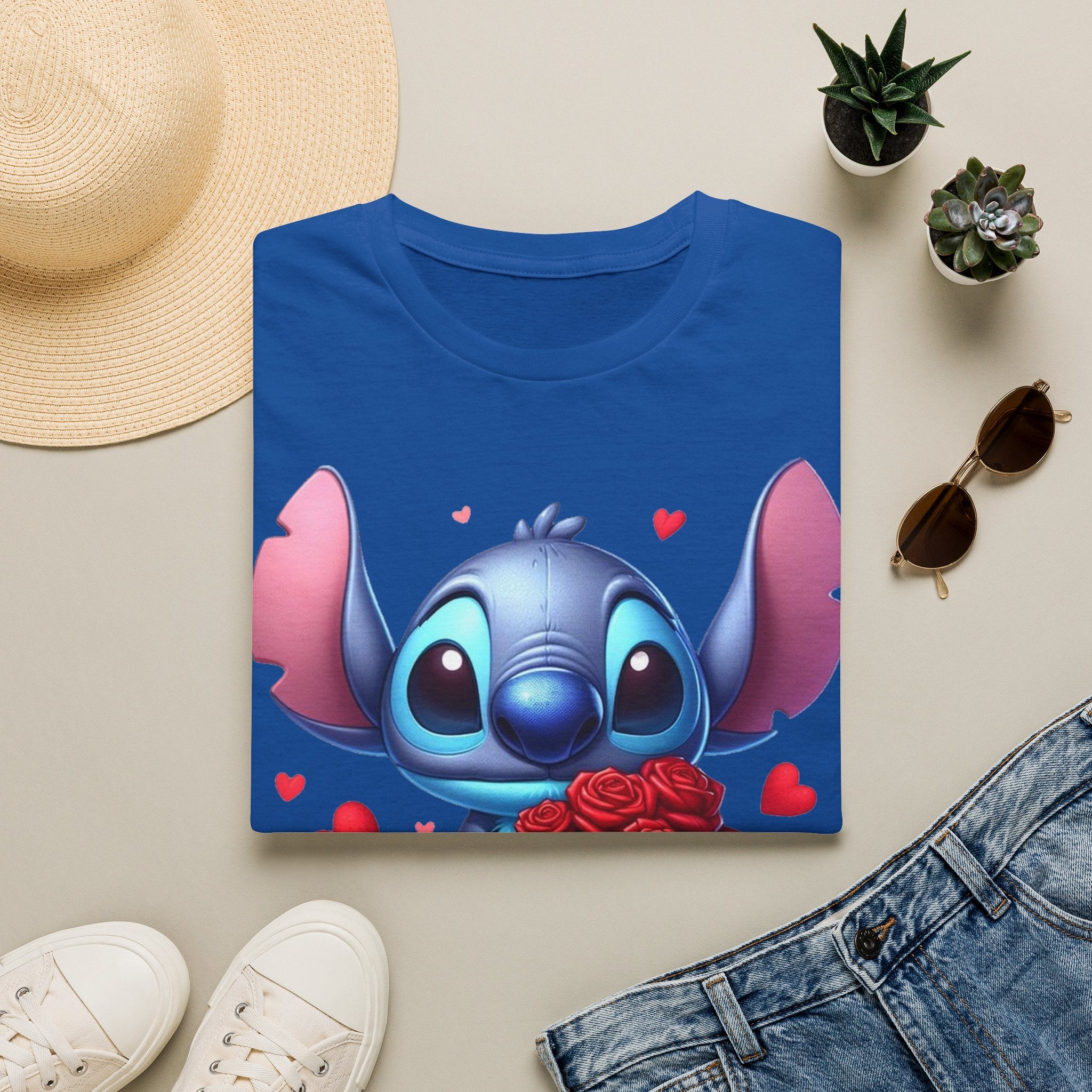 Stitch Holding Roses T-Shirt — Cute Valentine’s Day Cartoon Tee