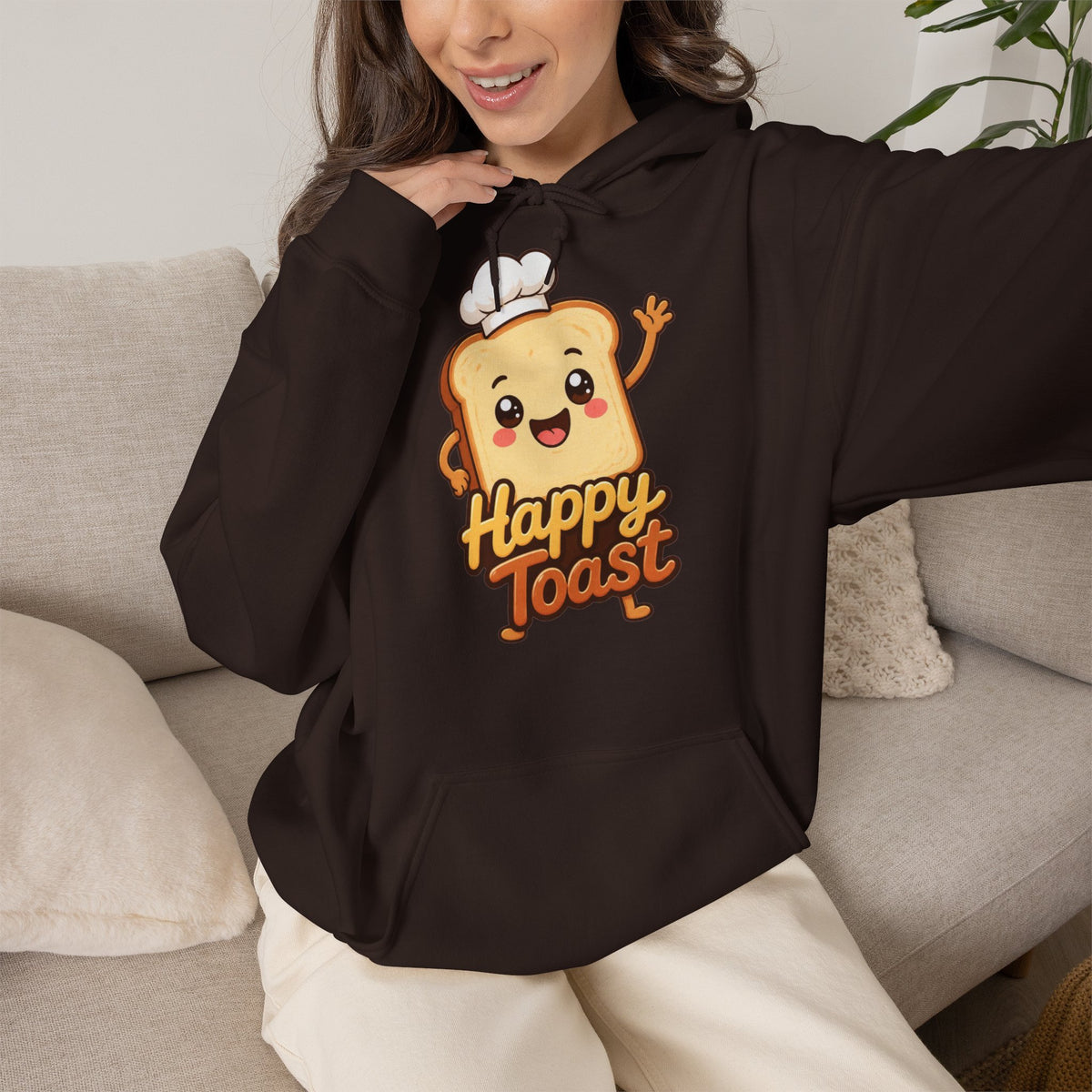 Happy Toast Cartoon Graphic Hoodie – Unisex Pullover