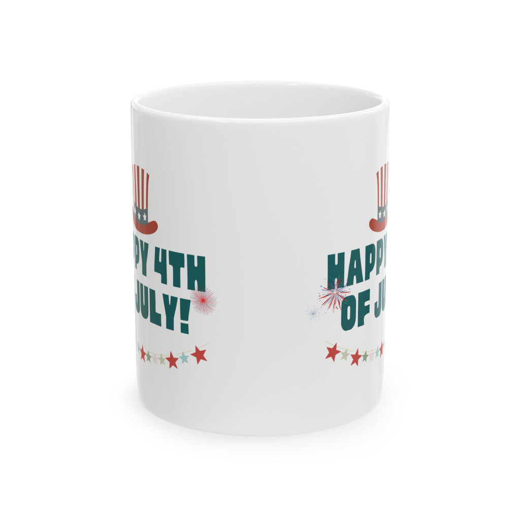 4th of July Ceramic Mug – "Happy 4th of July!" Patriotic Stars & Fireworks Coffee Cup (11oz/15oz)