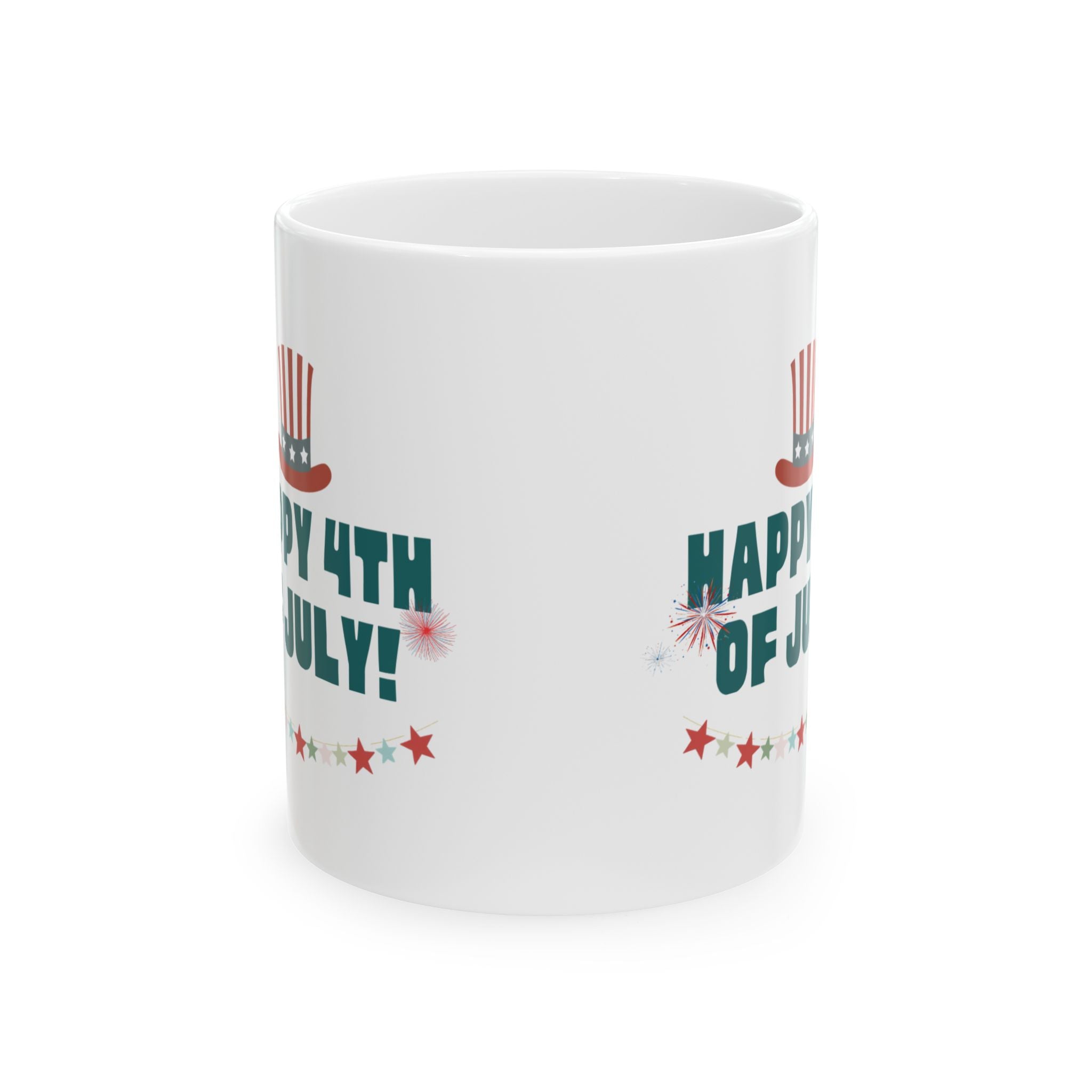 4th of July Ceramic Mug – "Happy 4th of July!" Patriotic Stars & Fireworks Coffee Cup (11oz/15oz)