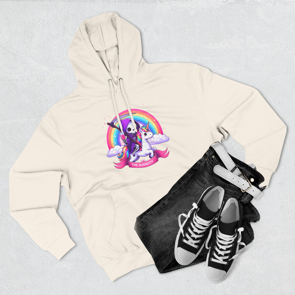 Hoodie - Cute Grim Reaper Riding Unicorn Rainbow "The Audacity" Fleece Hoodie
