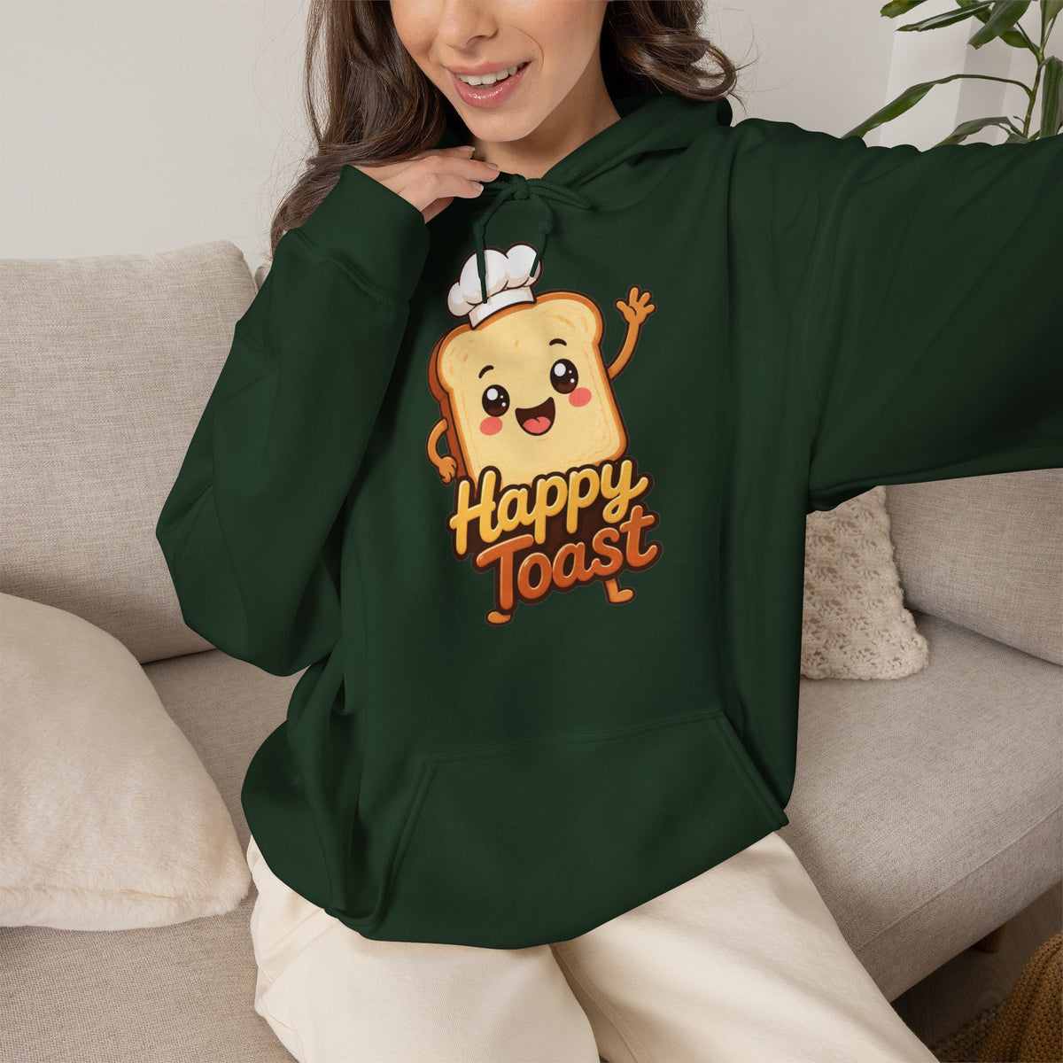 Happy Toast Cartoon Graphic Hoodie – Unisex Pullover