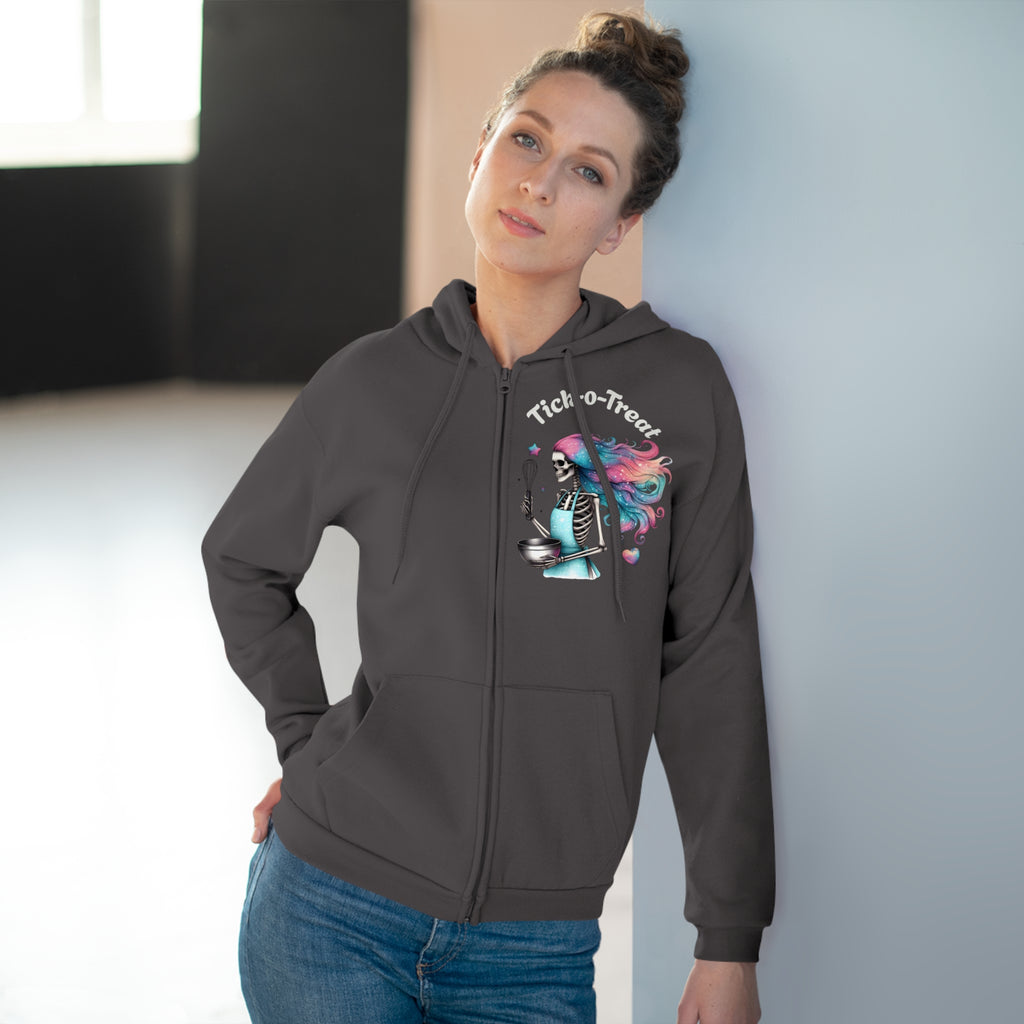 Skeleton Baker Zip Hoodie – Trick-or-Treat Halloween Skeleton with Rainbow Hair