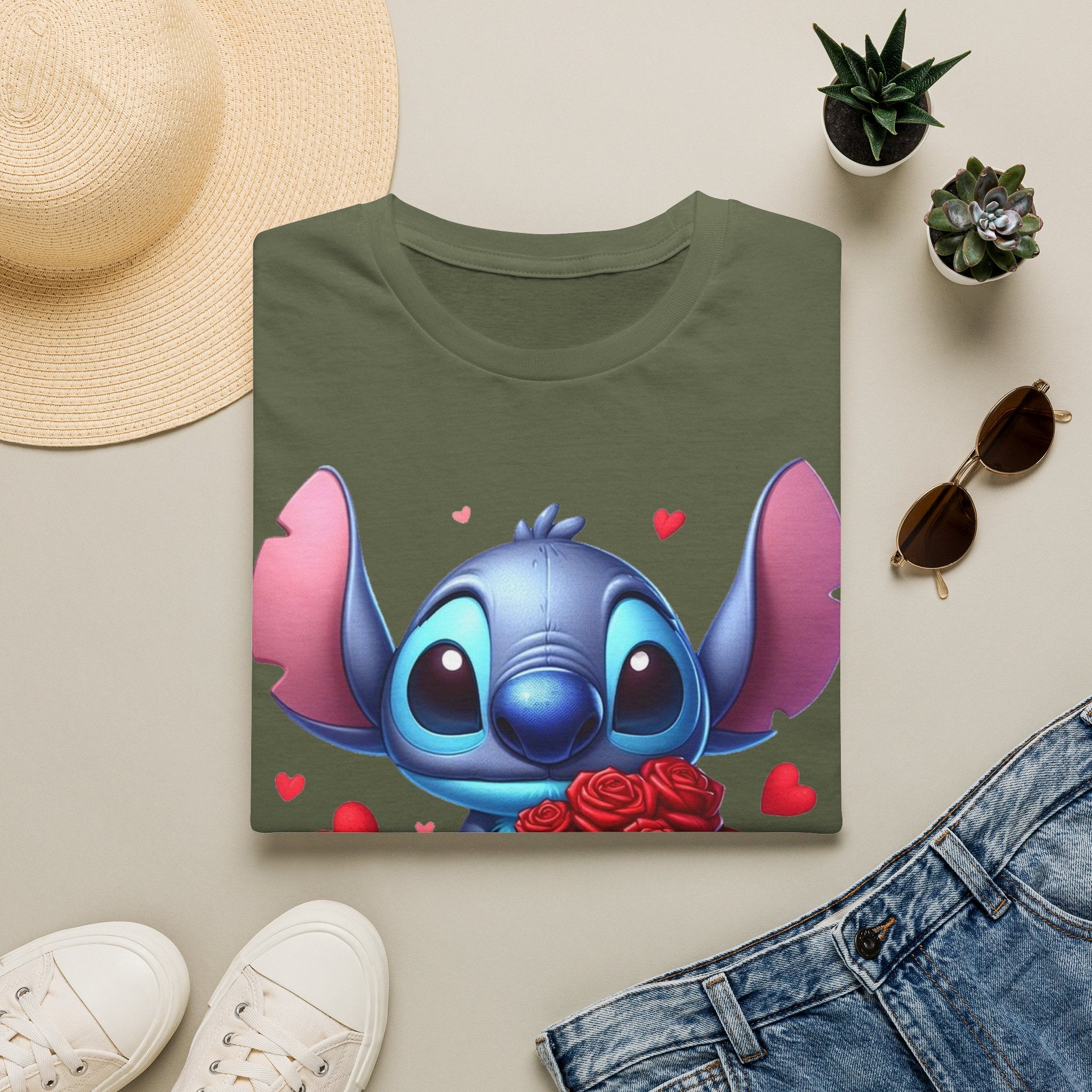Stitch Holding Roses T-Shirt — Cute Valentine’s Day Cartoon Tee