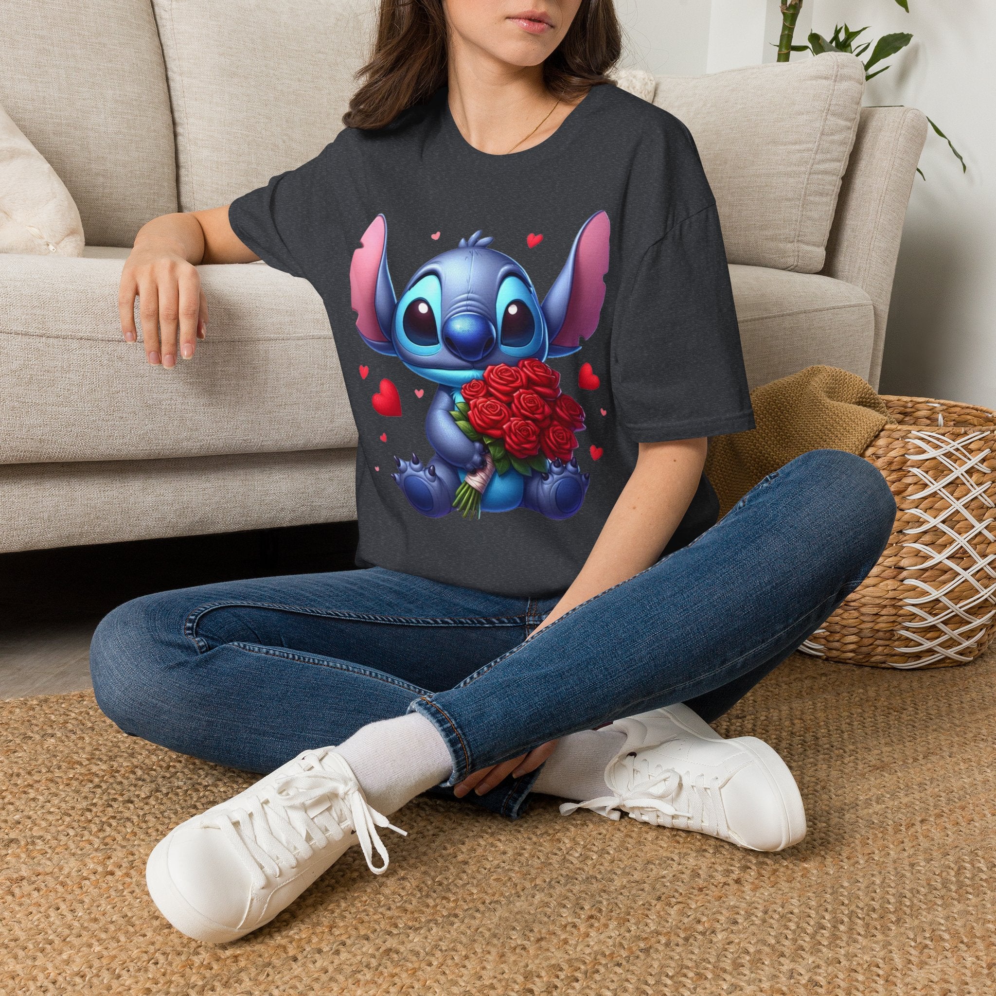 Stitch Holding Roses T-Shirt — Cute Valentine’s Day Cartoon Tee