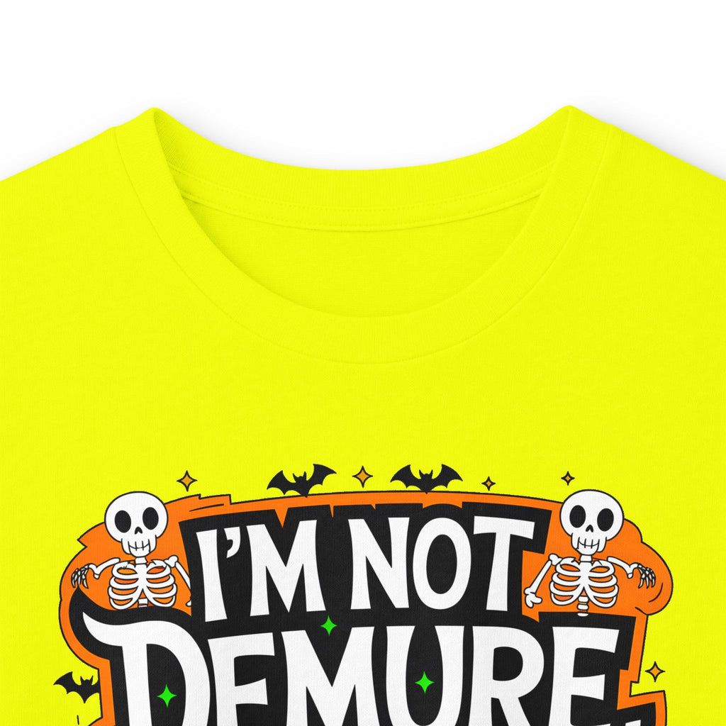 Long Sleeve Tee — "I'm Not Demure I'm Demonic" Halloween Graphic