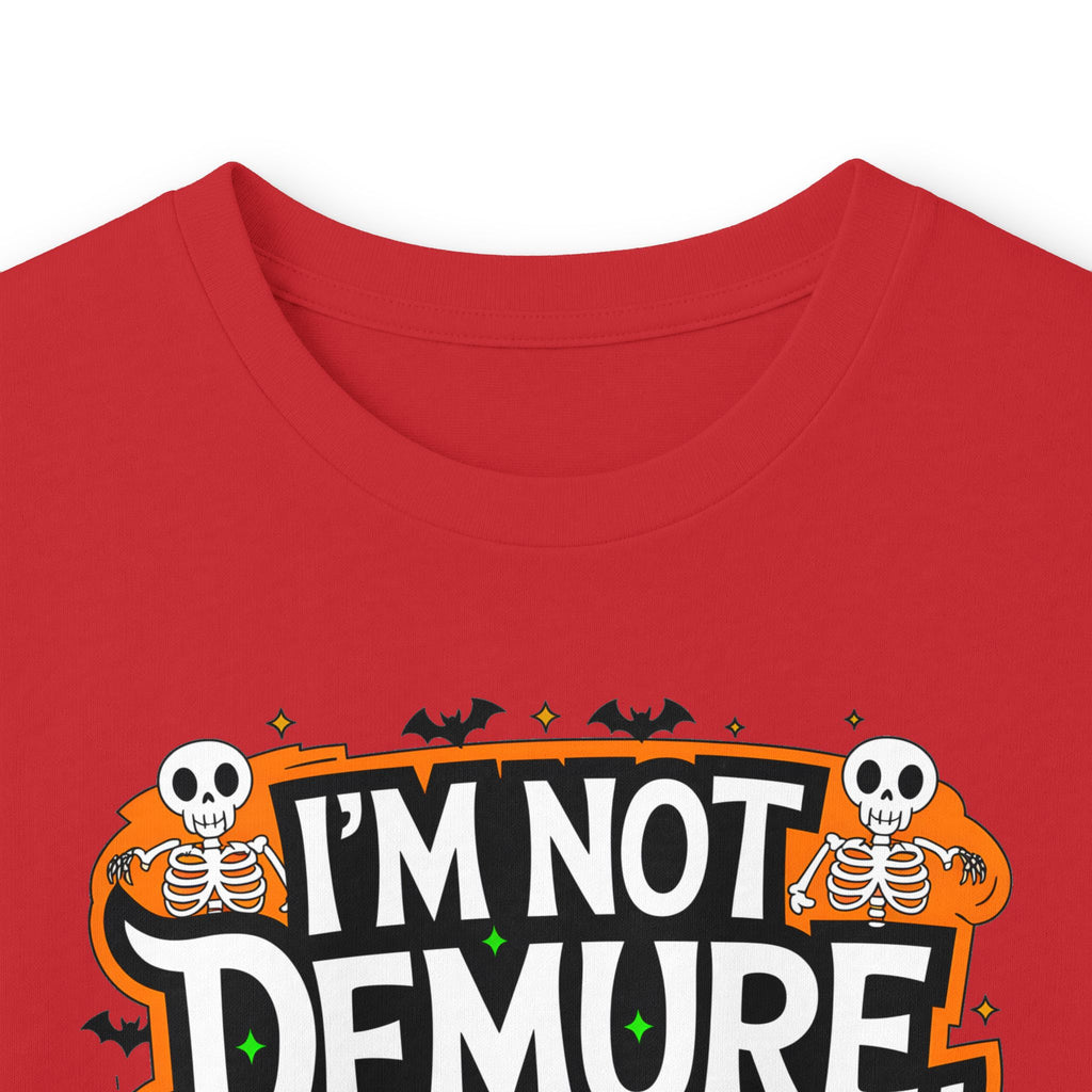 Long Sleeve Tee — "I'm Not Demure I'm Demonic" Halloween Graphic