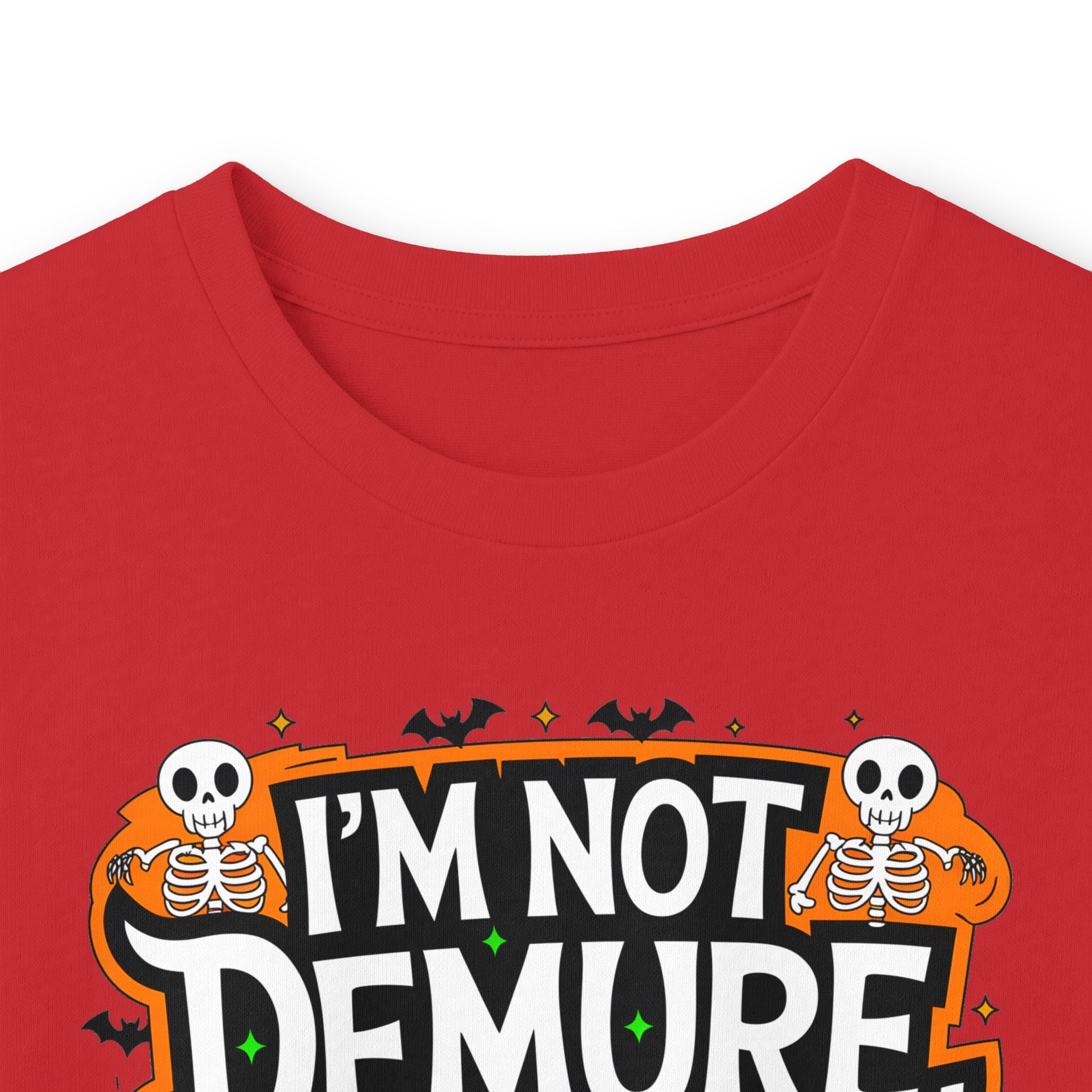 Long Sleeve Tee — "I'm Not Demure I'm Demonic" Halloween Graphic
