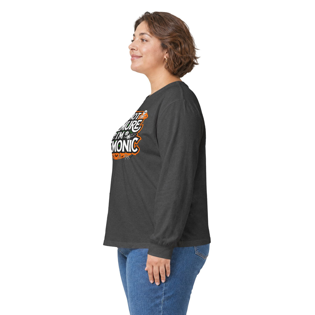 Long Sleeve Tee — "I'm Not Demure I'm Demonic" Halloween Graphic