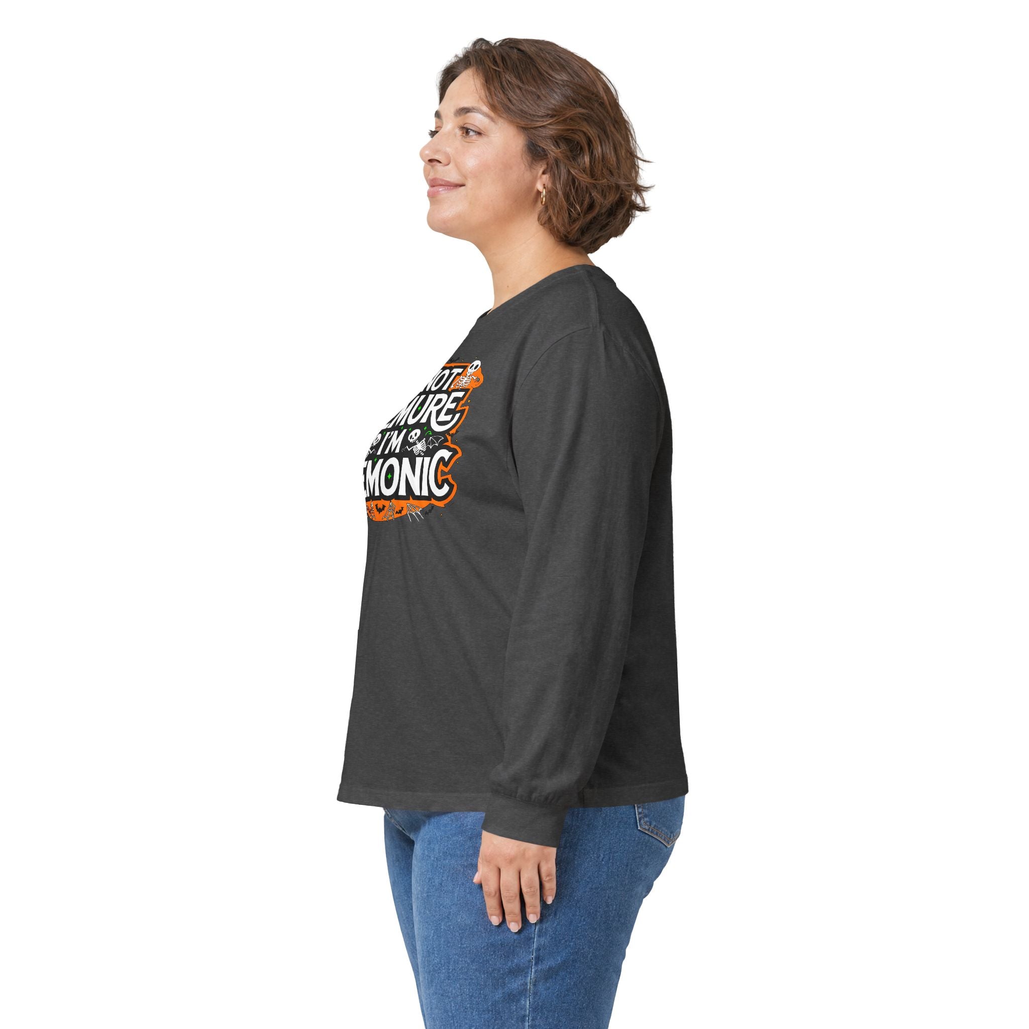 Long Sleeve Tee — "I'm Not Demure I'm Demonic" Halloween Graphic