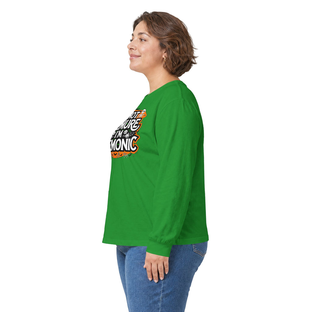 Long Sleeve Tee — "I'm Not Demure I'm Demonic" Halloween Graphic