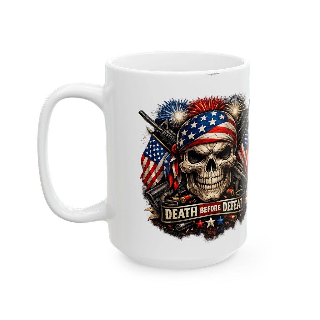 Patriotic Skull & Guns Ceramic Mug — "Death Before Defeat" 11oz/15oz