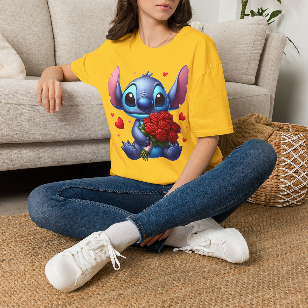 Stitch Holding Roses T-Shirt — Cute Valentine’s Day Cartoon Tee