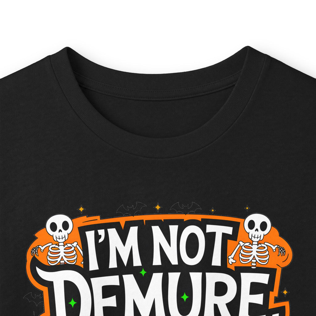 Long Sleeve Tee — "I'm Not Demure I'm Demonic" Halloween Graphic