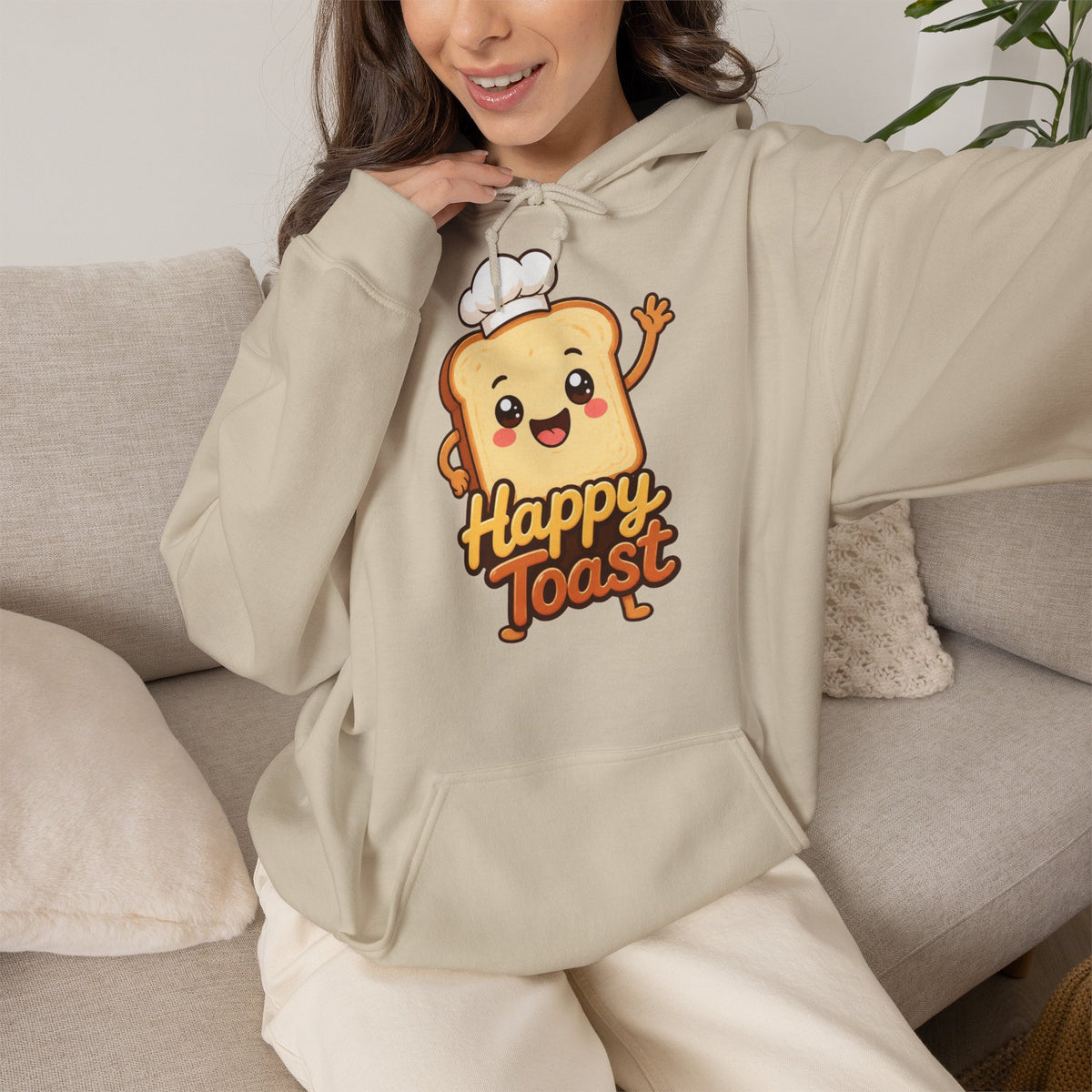 Happy Toast Cartoon Graphic Hoodie – Unisex Pullover