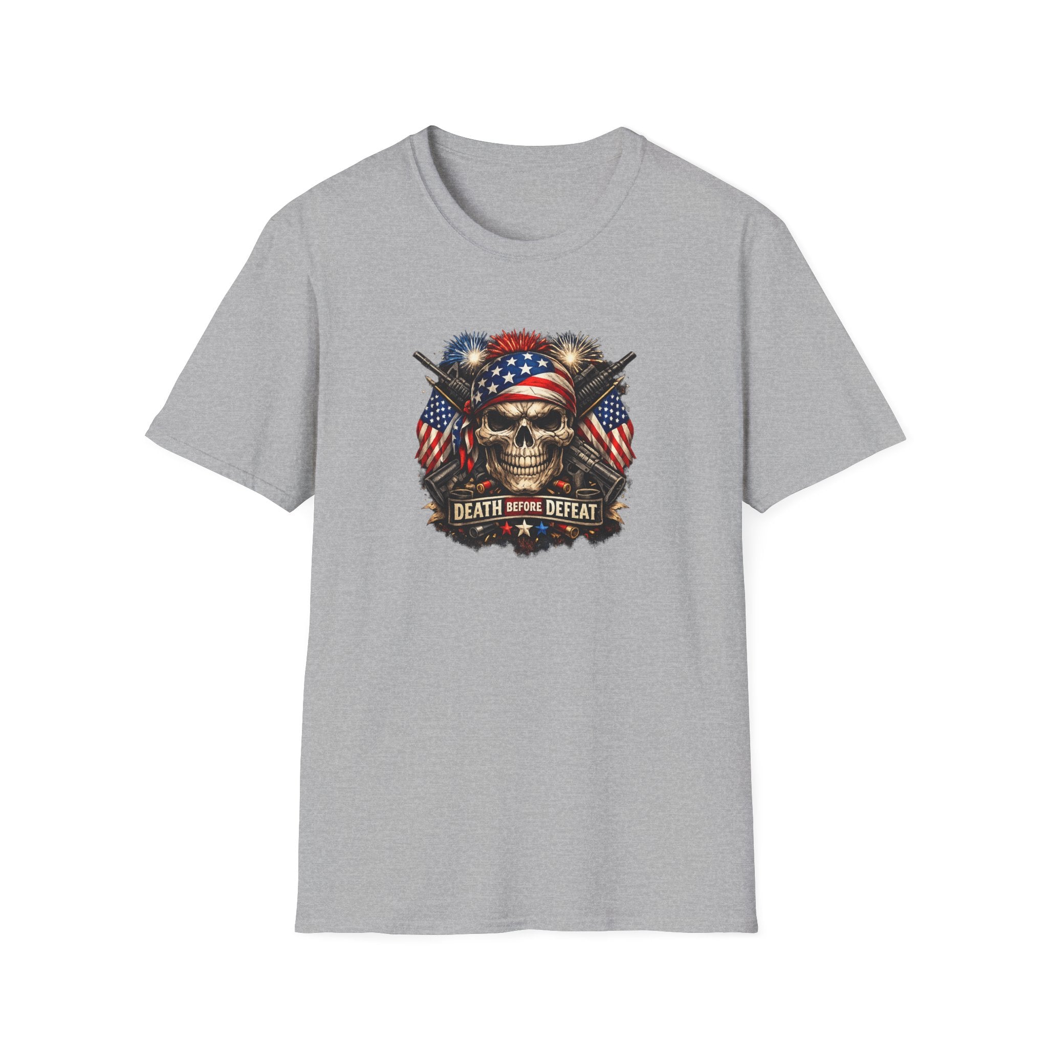 Patriotic Skull Tee "Death Before Defeat" - American Flag Military Graphic T-Shirt