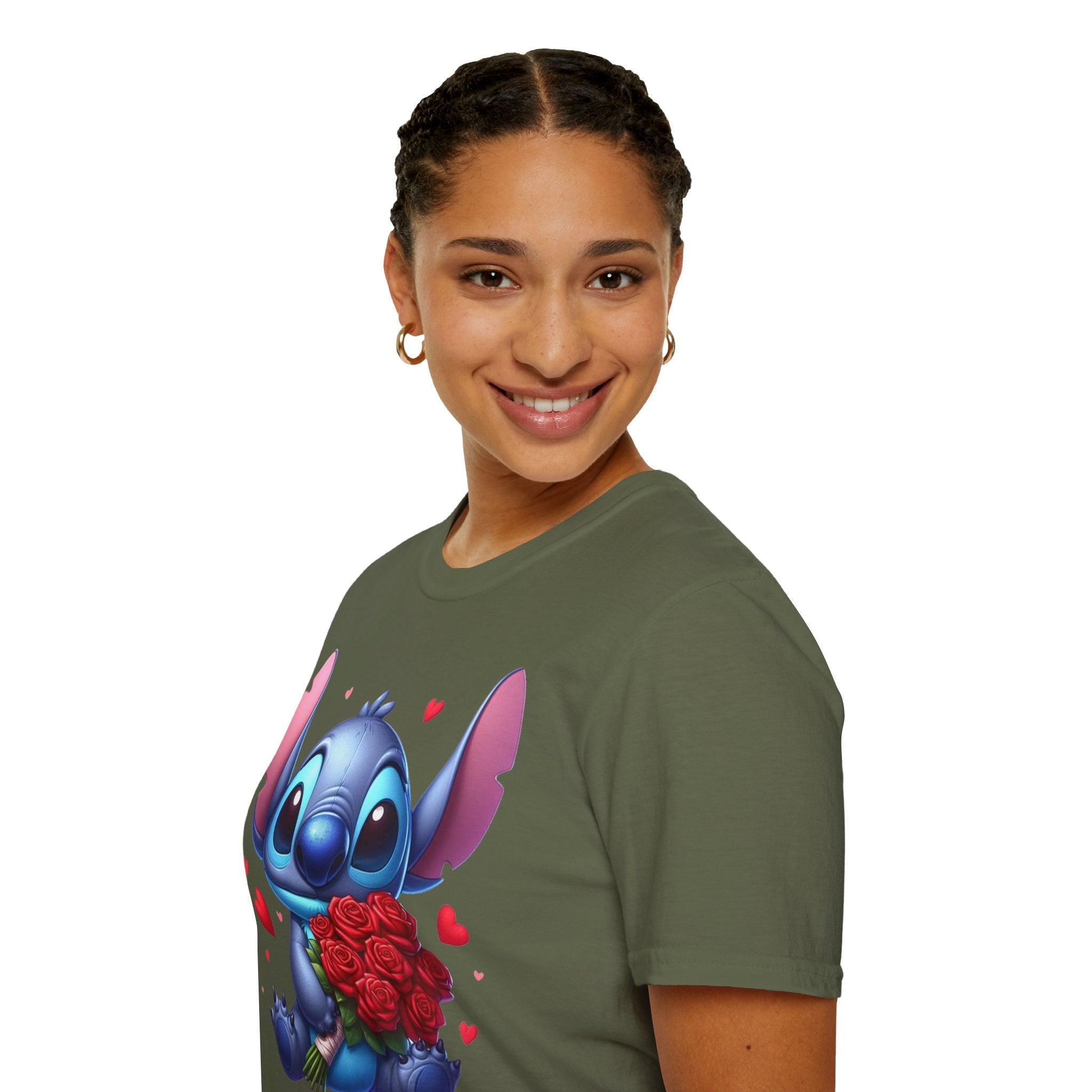 Stitch Holding Roses T-Shirt — Cute Valentine’s Day Cartoon Tee