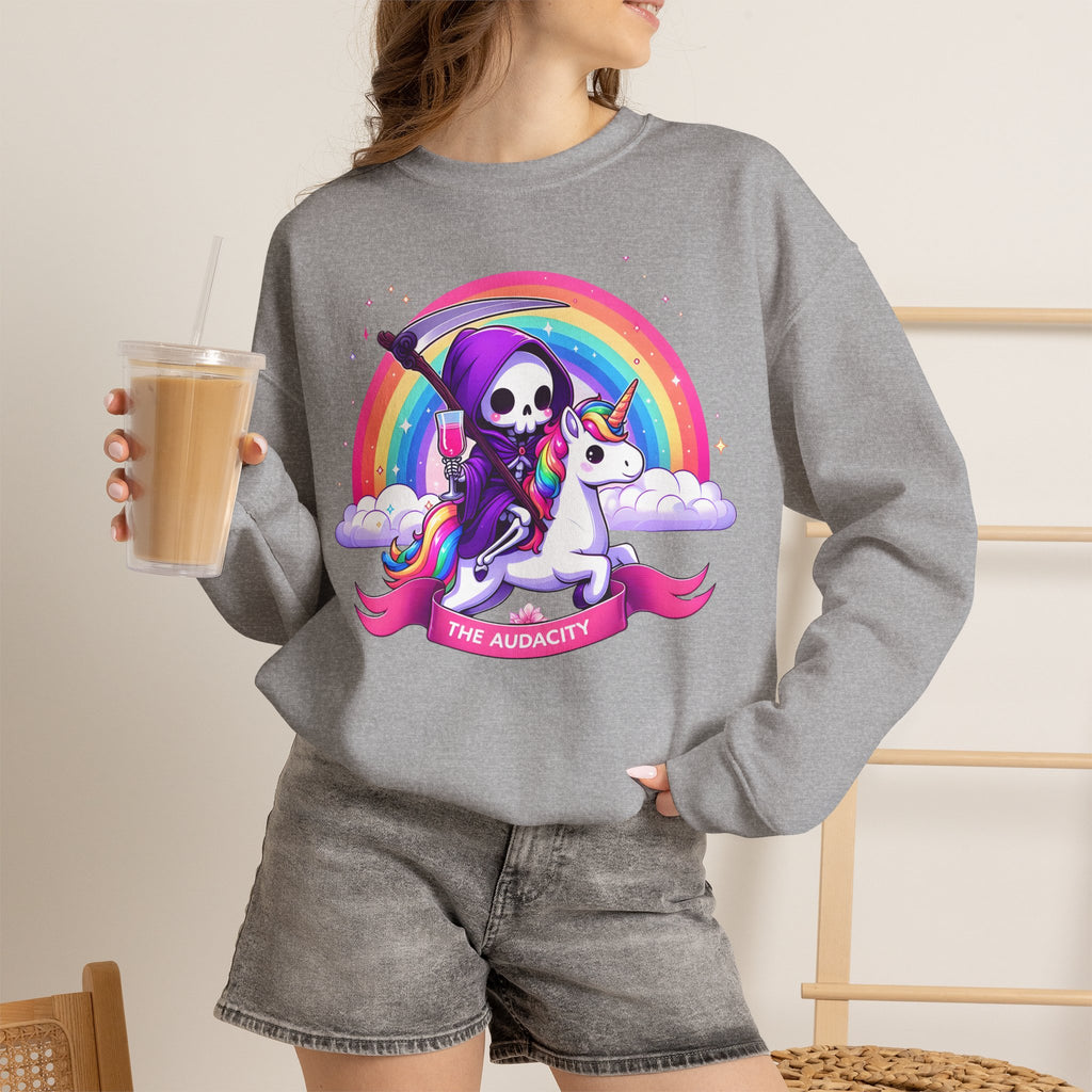 Crewneck Sweatshirt — Cute Grim Reaper Riding Unicorn Rainbow "True Audacity"