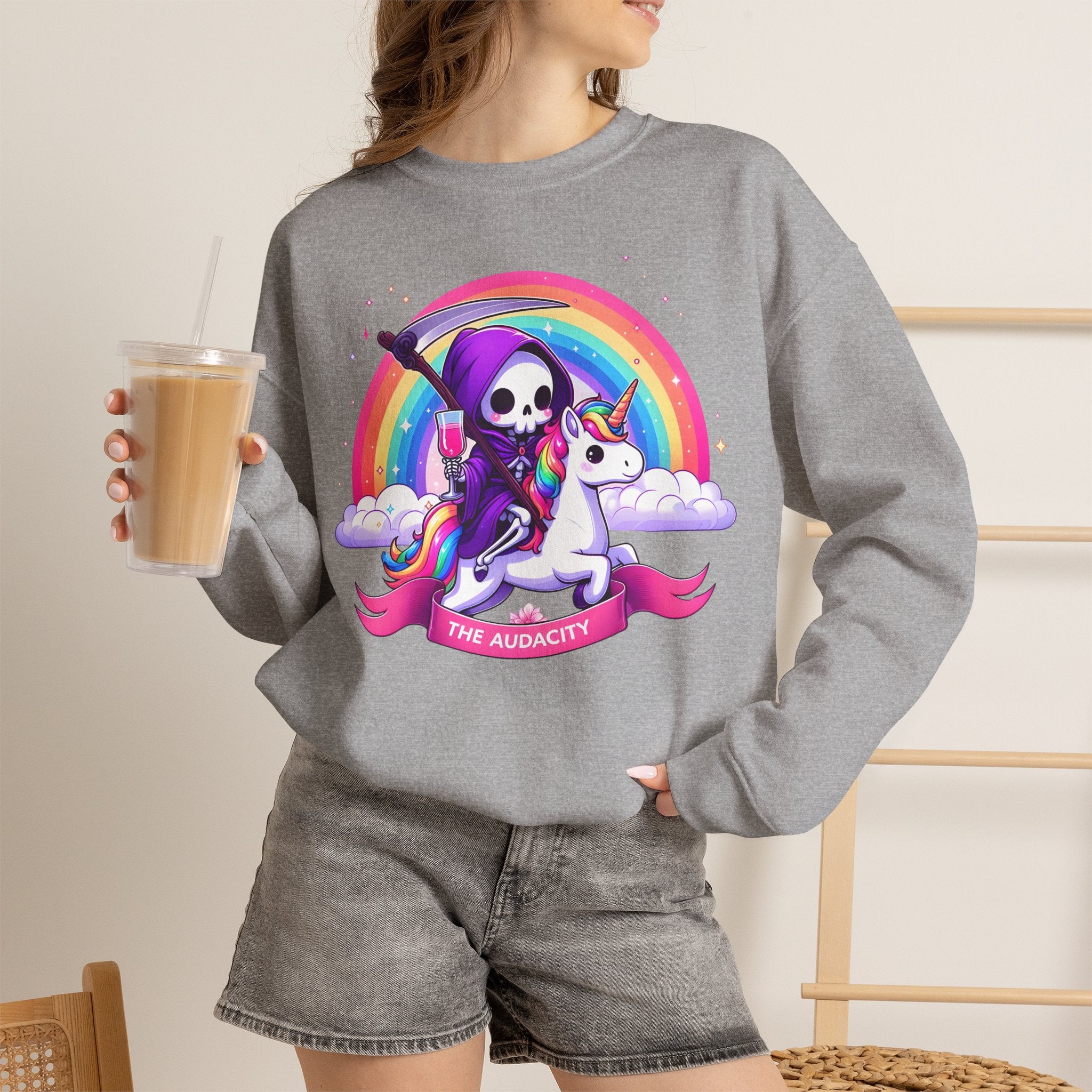 Crewneck Sweatshirt — Cute Grim Reaper Riding Unicorn Rainbow "True Audacity"