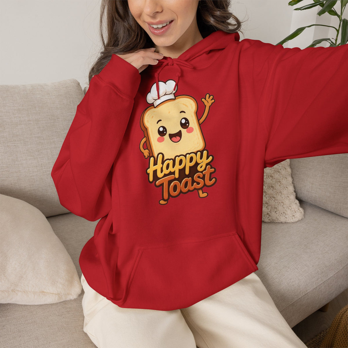 Happy Toast Cartoon Graphic Hoodie – Unisex Pullover