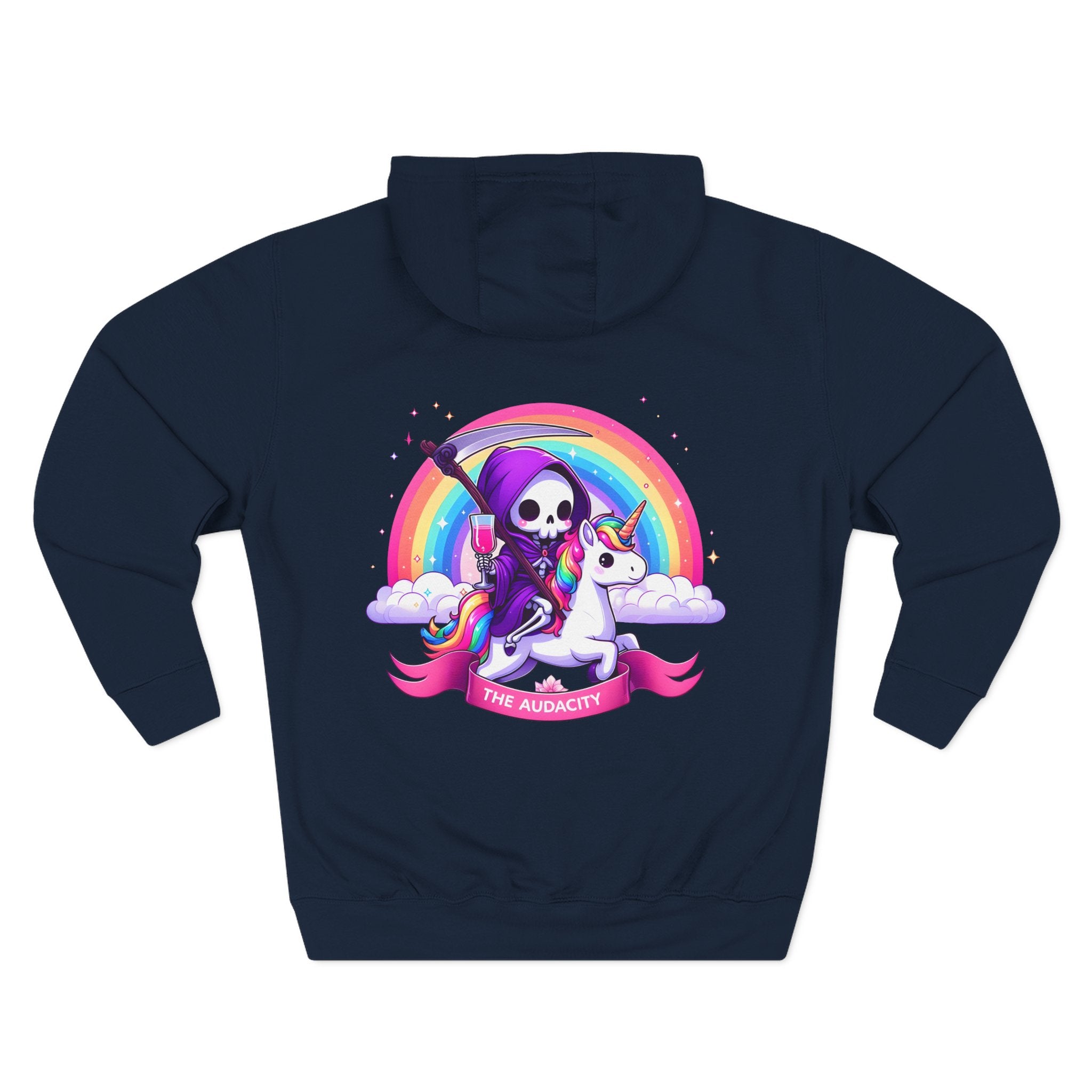 Hoodie - Cute Grim Reaper Riding Unicorn Rainbow "The Audacity" Fleece Hoodie
