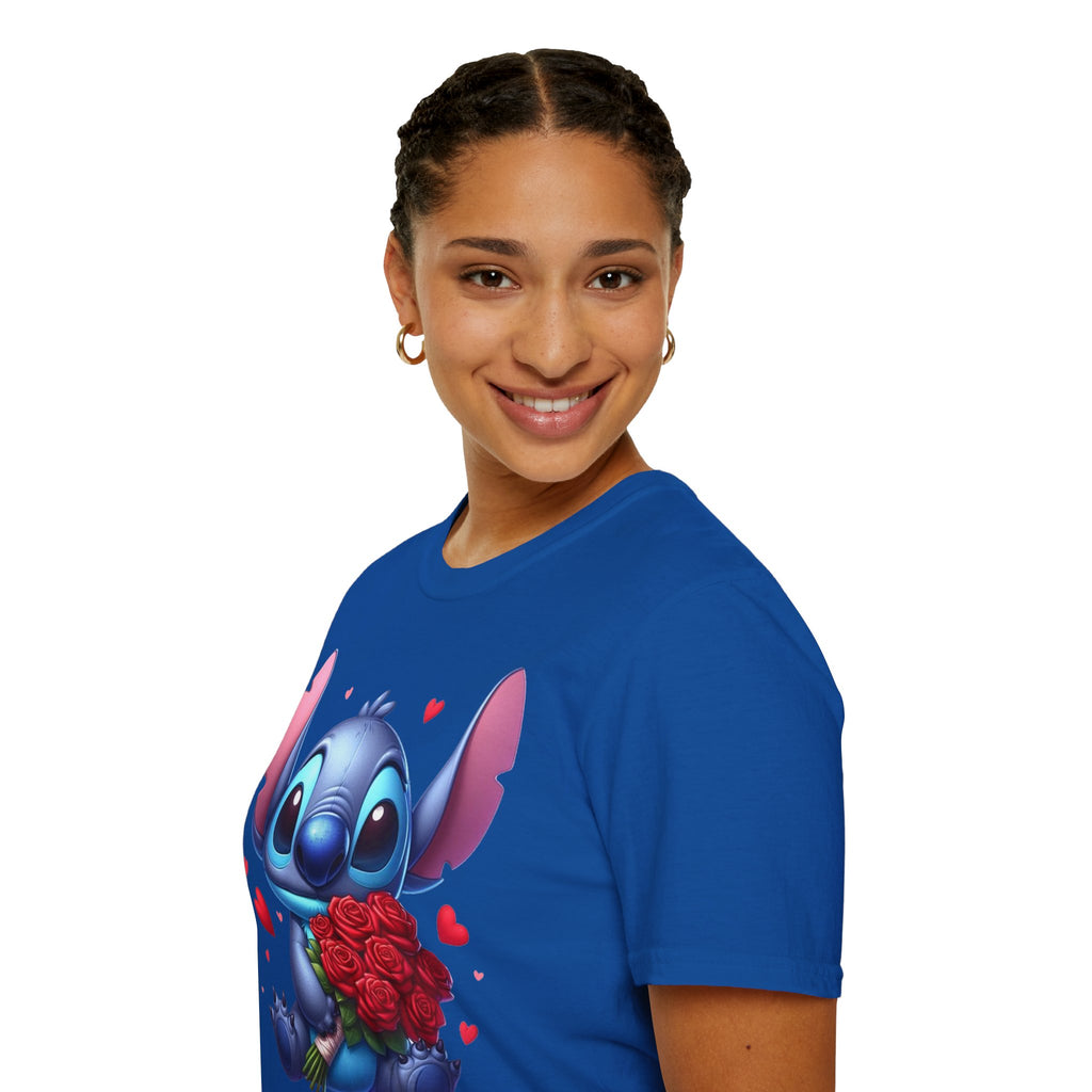 Stitch Holding Roses T-Shirt — Cute Valentine’s Day Cartoon Tee