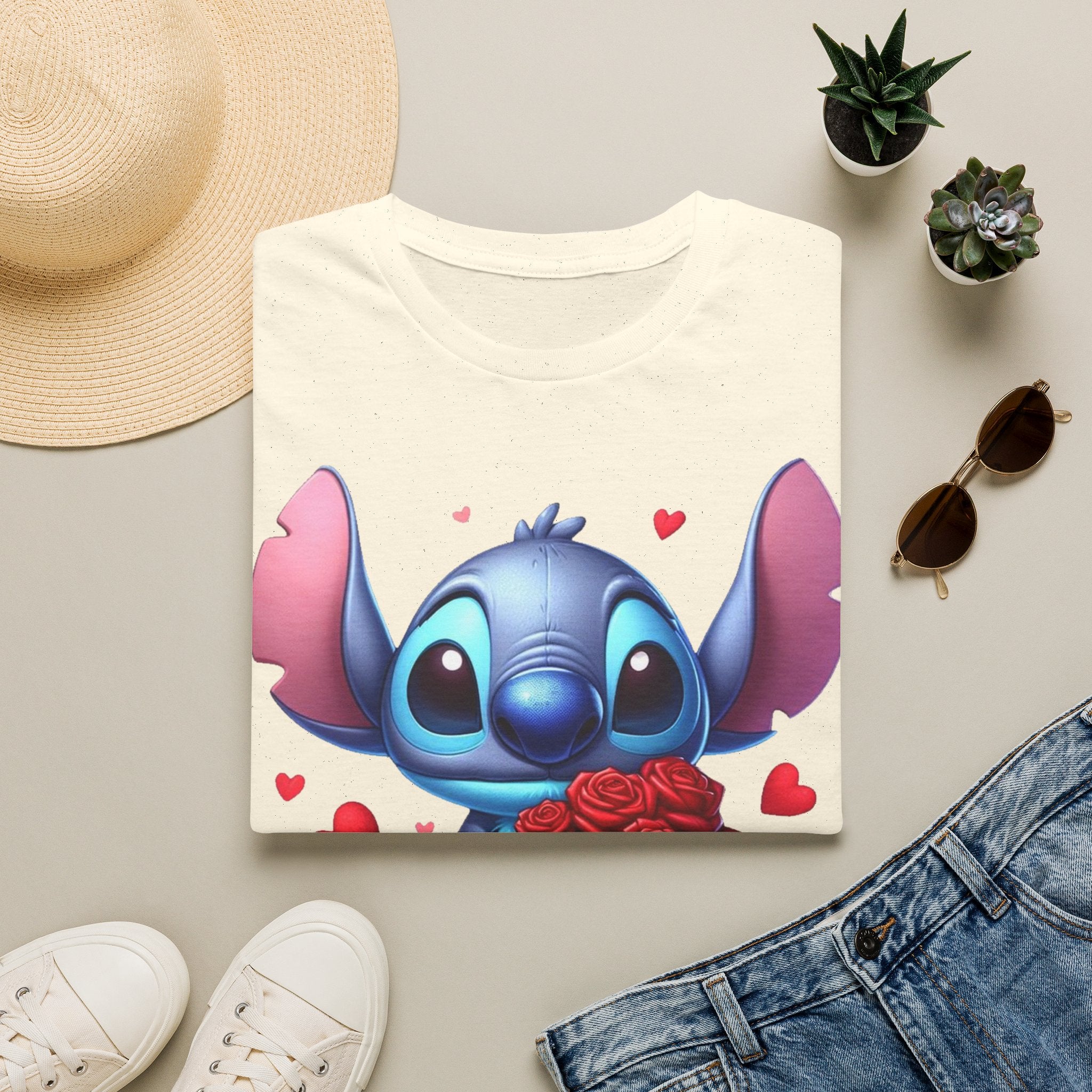 Stitch Holding Roses T-Shirt — Cute Valentine’s Day Cartoon Tee