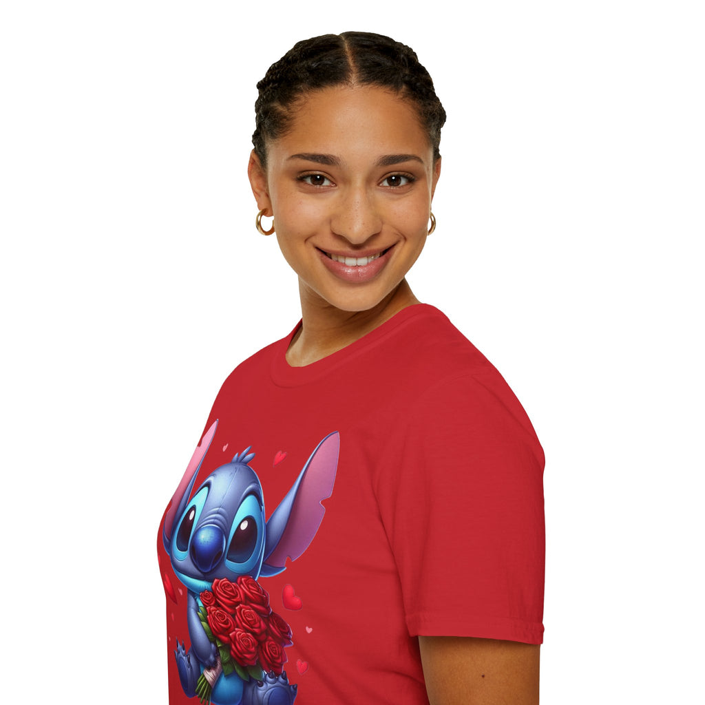 Stitch Holding Roses T-Shirt — Cute Valentine’s Day Cartoon Tee
