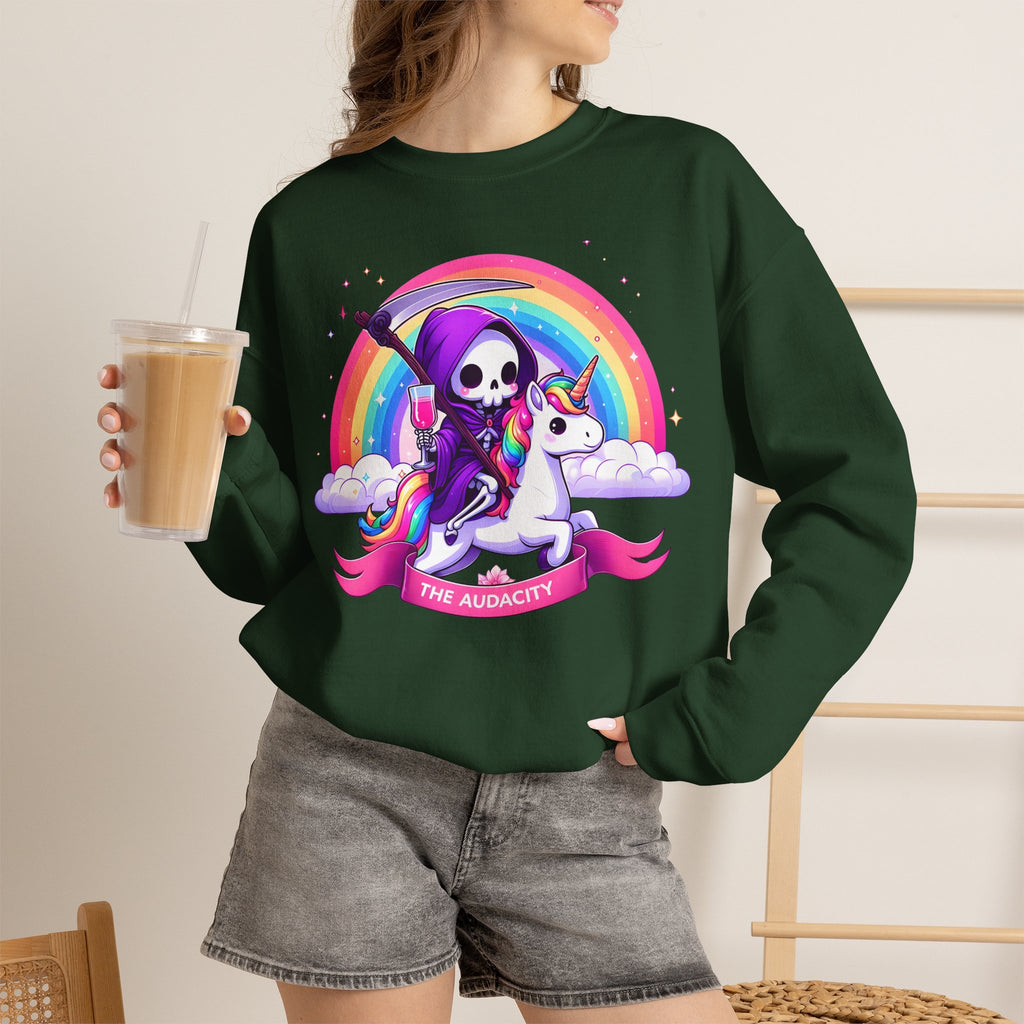 Crewneck Sweatshirt — Cute Grim Reaper Riding Unicorn Rainbow "True Audacity"
