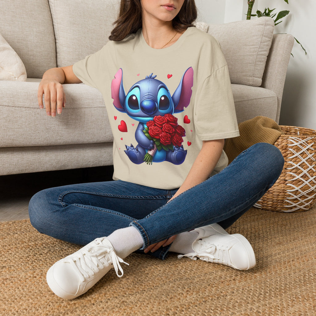 Stitch Holding Roses T-Shirt — Cute Valentine’s Day Cartoon Tee