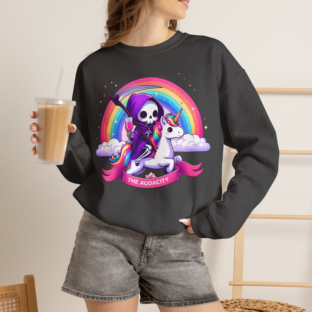Crewneck Sweatshirt — Cute Grim Reaper Riding Unicorn Rainbow "True Audacity"