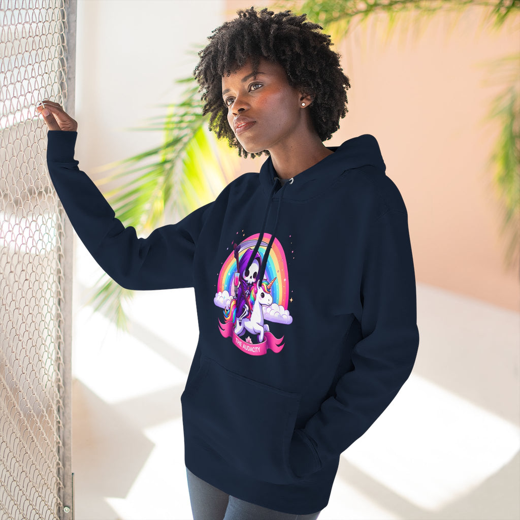 Hoodie - Cute Grim Reaper Riding Unicorn Rainbow "The Audacity" Fleece Hoodie