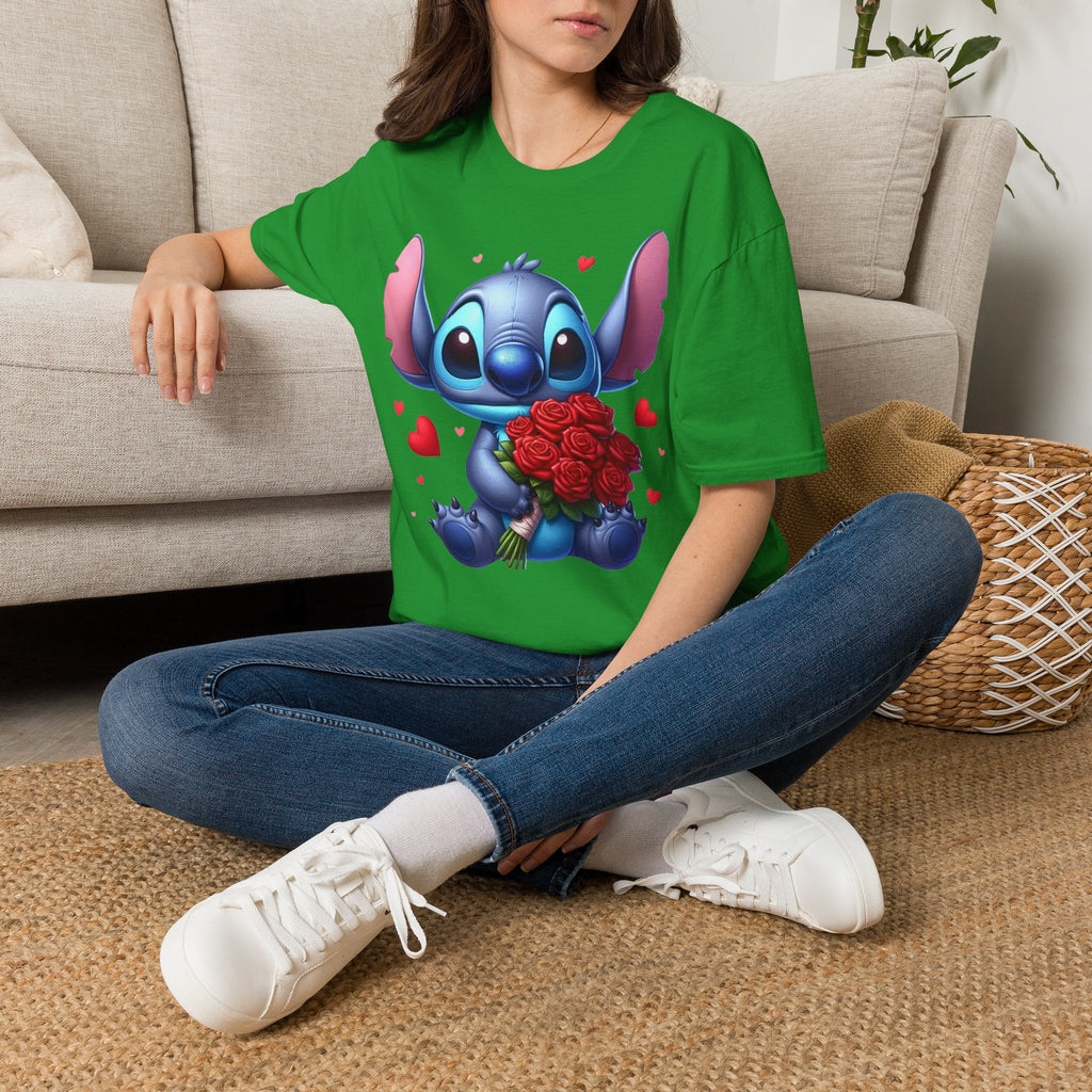 Stitch Holding Roses T-Shirt — Cute Valentine’s Day Cartoon Tee